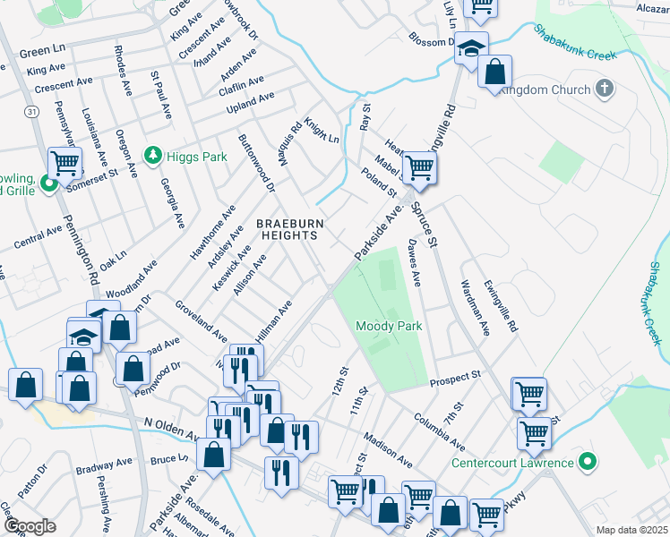 map of restaurants, bars, coffee shops, grocery stores, and more near 1501 Parkside Avenue in Ewing Township