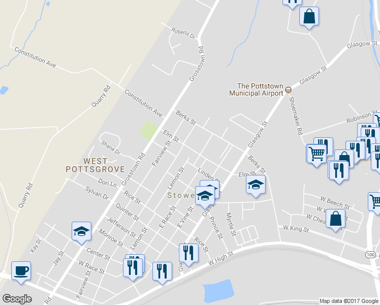 map of restaurants, bars, coffee shops, grocery stores, and more near 305 Elm Street in Stowe