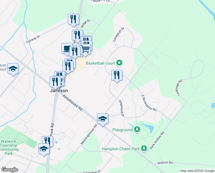 map of restaurants, bars, coffee shops, grocery stores, and more near 2332 Wintergreen Lane in Jamison
