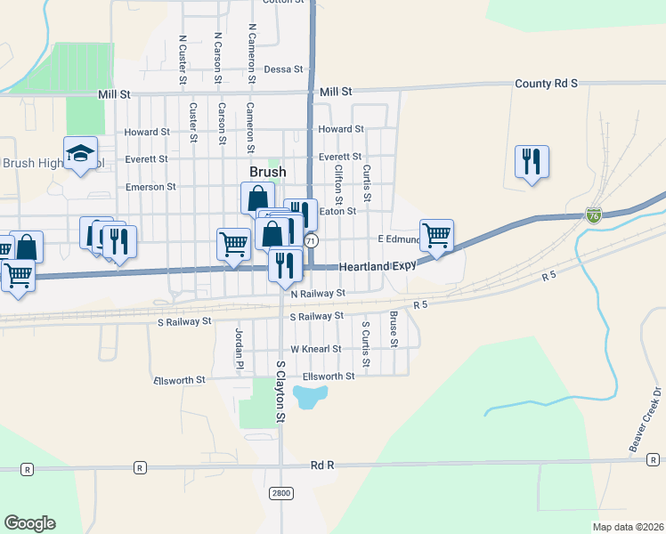 map of restaurants, bars, coffee shops, grocery stores, and more near 203 Edison Street in Brush