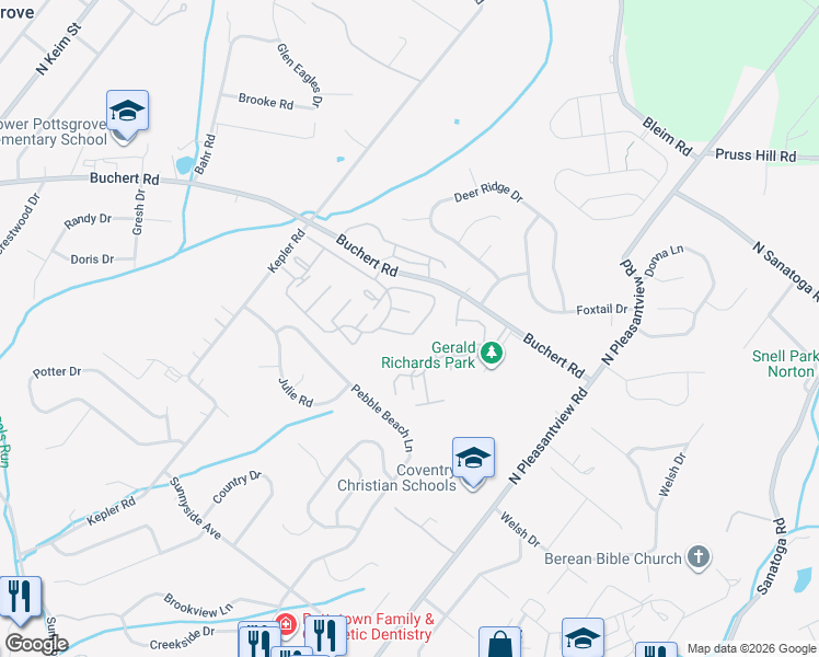 map of restaurants, bars, coffee shops, grocery stores, and more near 3504 Walnut Ridge Drive in Pottstown