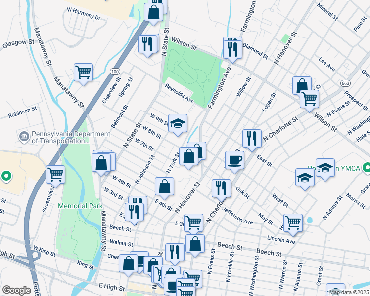 map of restaurants, bars, coffee shops, grocery stores, and more near 460 North York Street in Pottstown