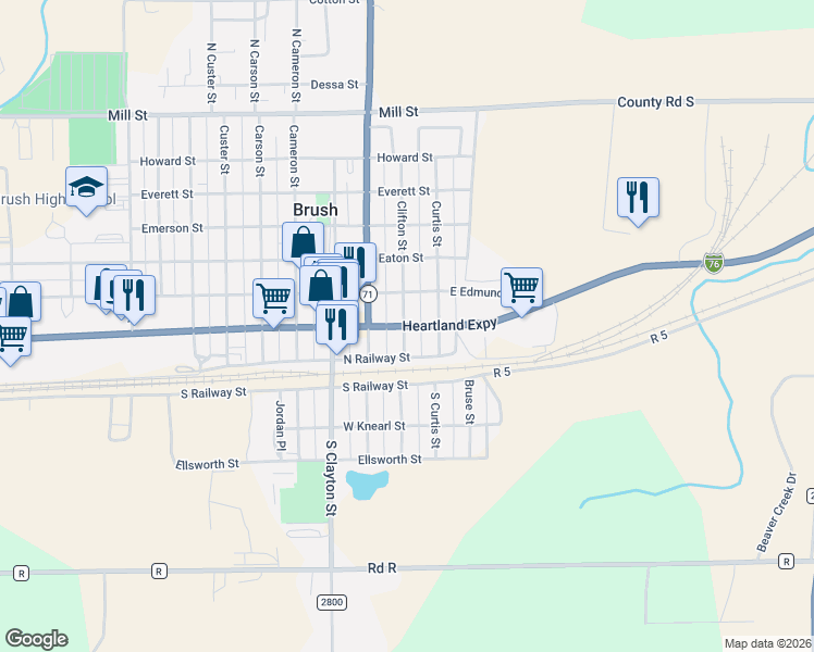 map of restaurants, bars, coffee shops, grocery stores, and more near 203 Edison Street in Brush