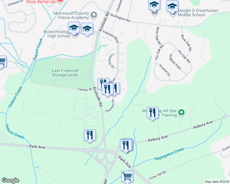 map of restaurants, bars, coffee shops, grocery stores, and more near 2 Whitman Court in Freehold
