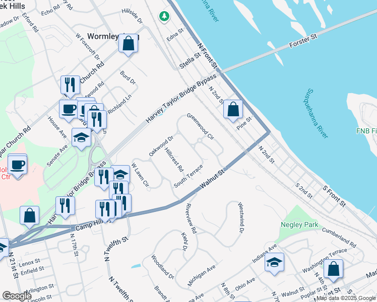 map of restaurants, bars, coffee shops, grocery stores, and more near 50 South Terrace Road in Wormleysburg
