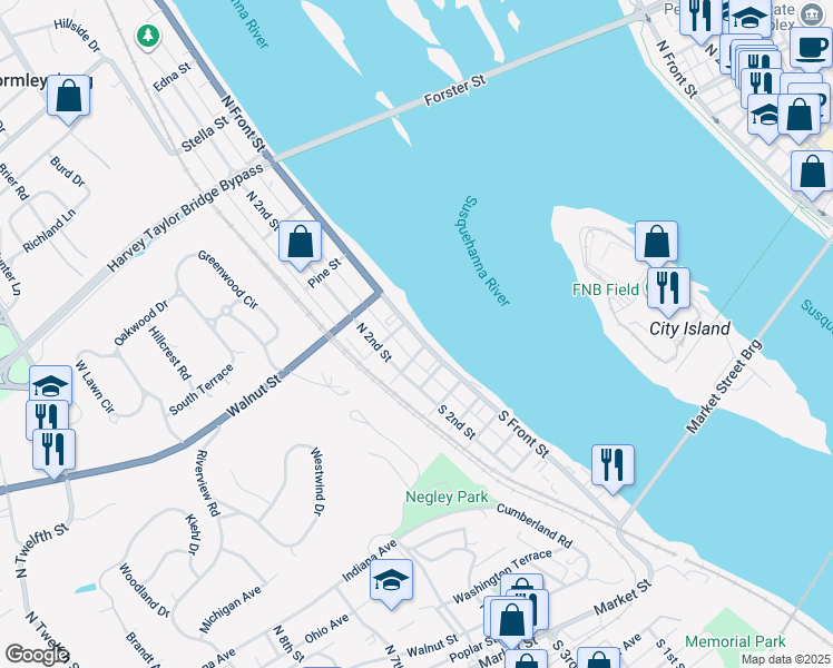 map of restaurants, bars, coffee shops, grocery stores, and more near 8 North Front Street in Wormleysburg