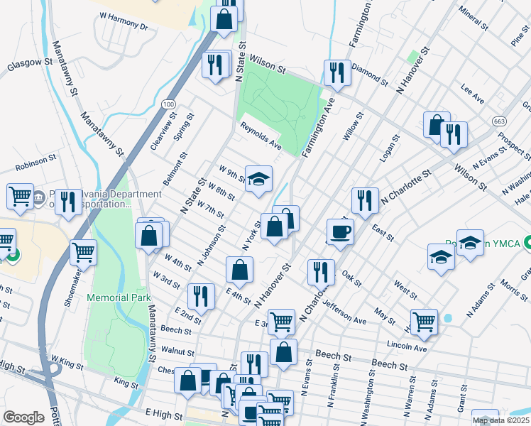 map of restaurants, bars, coffee shops, grocery stores, and more near 460 North York Street in Pottstown