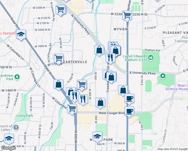 map of restaurants, bars, coffee shops, grocery stores, and more near 1567 North 300 West in Provo
