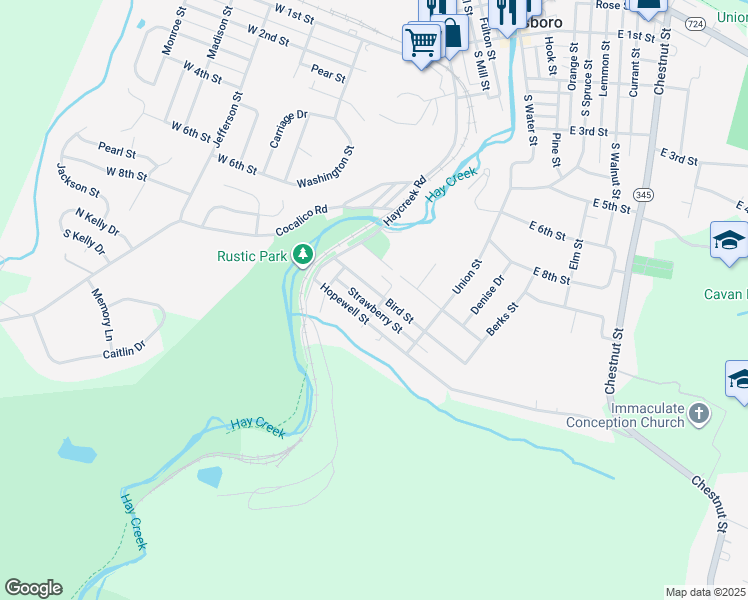 map of restaurants, bars, coffee shops, grocery stores, and more near 170 Bird Street in Birdsboro