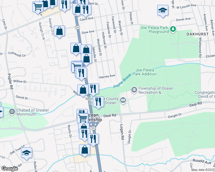 map of restaurants, bars, coffee shops, grocery stores, and more near 1601 Westfield Street in Ocean Township