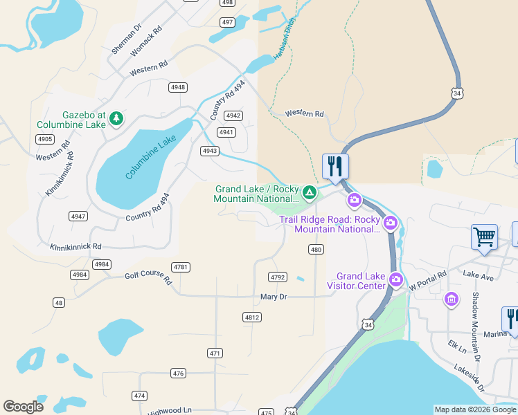 map of restaurants, bars, coffee shops, grocery stores, and more near 70 Mad Moose Lane in Grand Lake
