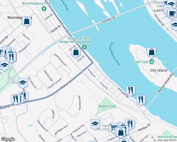 map of restaurants, bars, coffee shops, grocery stores, and more near 118 North 2nd Street in Wormleysburg