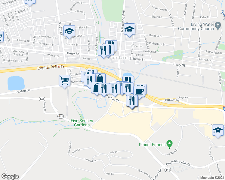 map of restaurants, bars, coffee shops, grocery stores, and more near 3300 Paxton Street in Harrisburg