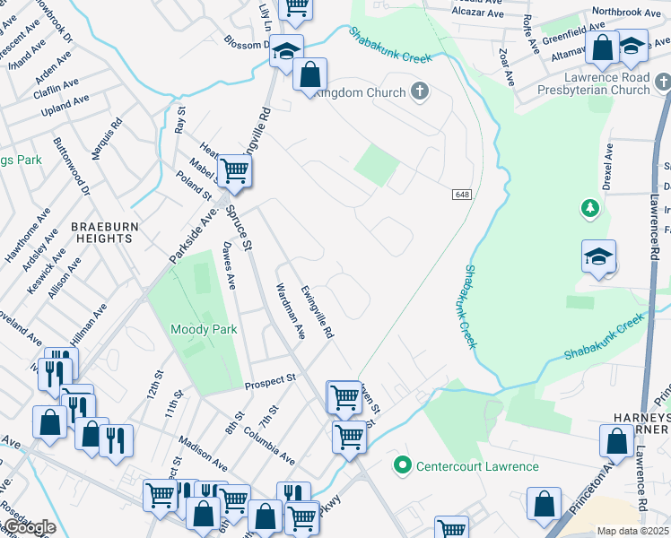 map of restaurants, bars, coffee shops, grocery stores, and more near 54 Shelburne Drive in Ewing Township