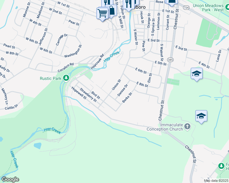 map of restaurants, bars, coffee shops, grocery stores, and more near 925 Union Street in Birdsboro