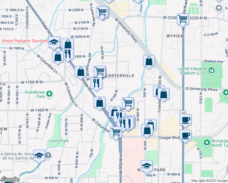 map of restaurants, bars, coffee shops, grocery stores, and more near 1559 North 550 West in Provo