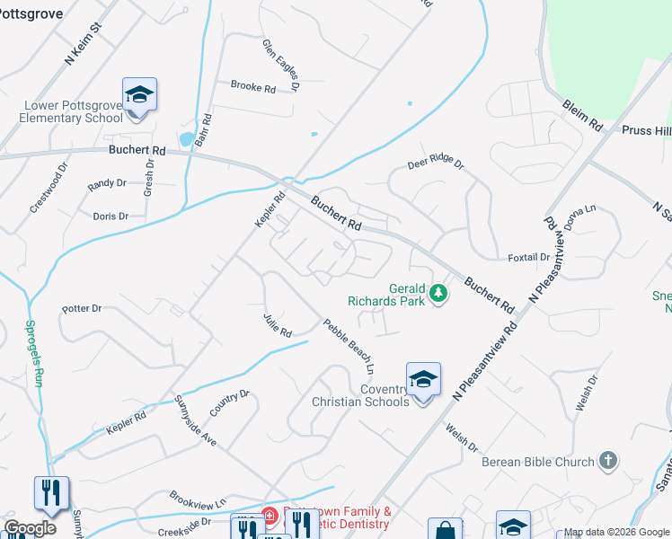 map of restaurants, bars, coffee shops, grocery stores, and more near 2406 Walnut Ridge Drive in Pottstown