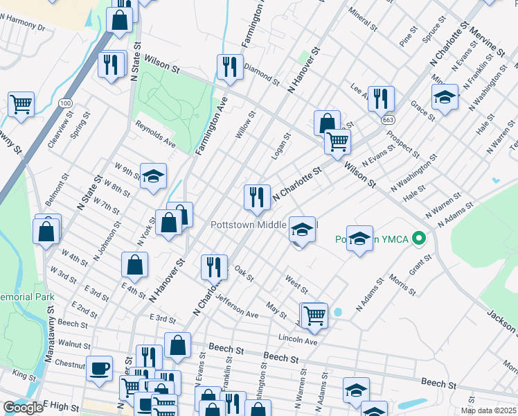 map of restaurants, bars, coffee shops, grocery stores, and more near 611 North Charlotte Street in Pottstown