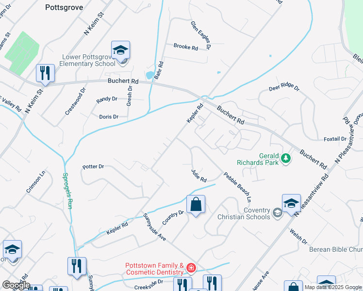 map of restaurants, bars, coffee shops, grocery stores, and more near 89 Pebble Beach Lane in Pottstown