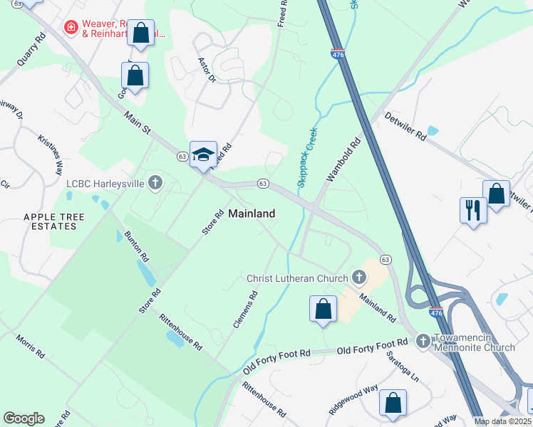 map of restaurants, bars, coffee shops, grocery stores, and more near 29 Main Street in Harleysville