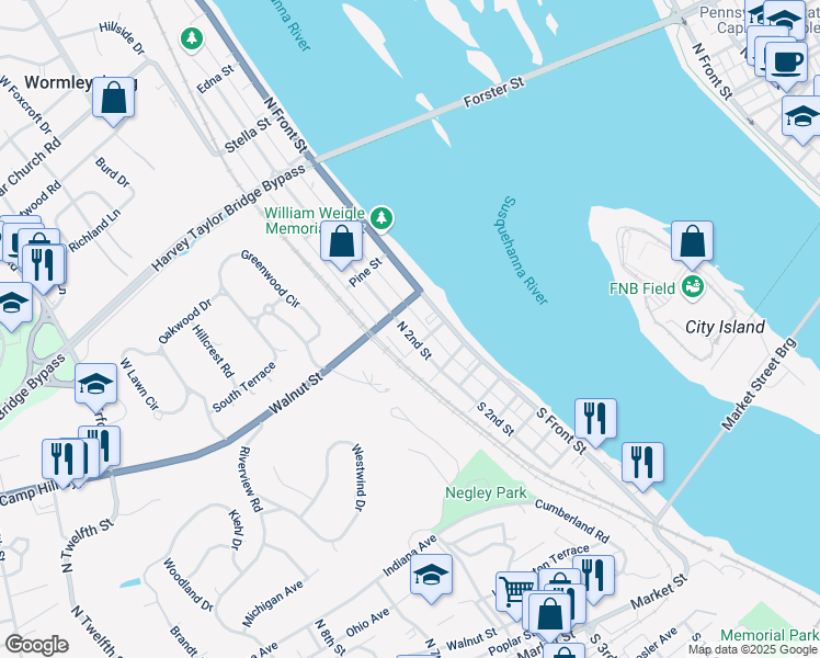 map of restaurants, bars, coffee shops, grocery stores, and more near 107 North River Street in Wormleysburg