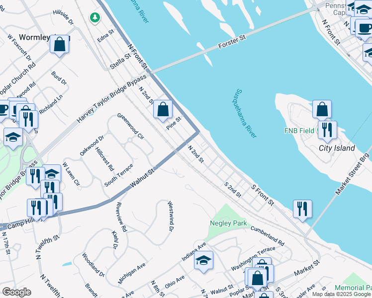 map of restaurants, bars, coffee shops, grocery stores, and more near 126 North 2nd Street in Wormleysburg