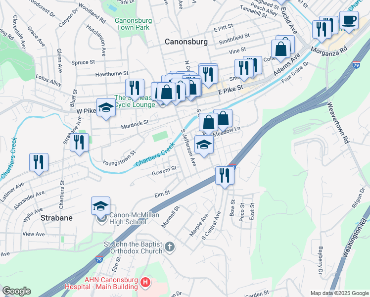 map of restaurants, bars, coffee shops, grocery stores, and more near 111 South Jefferson Avenue in Canonsburg