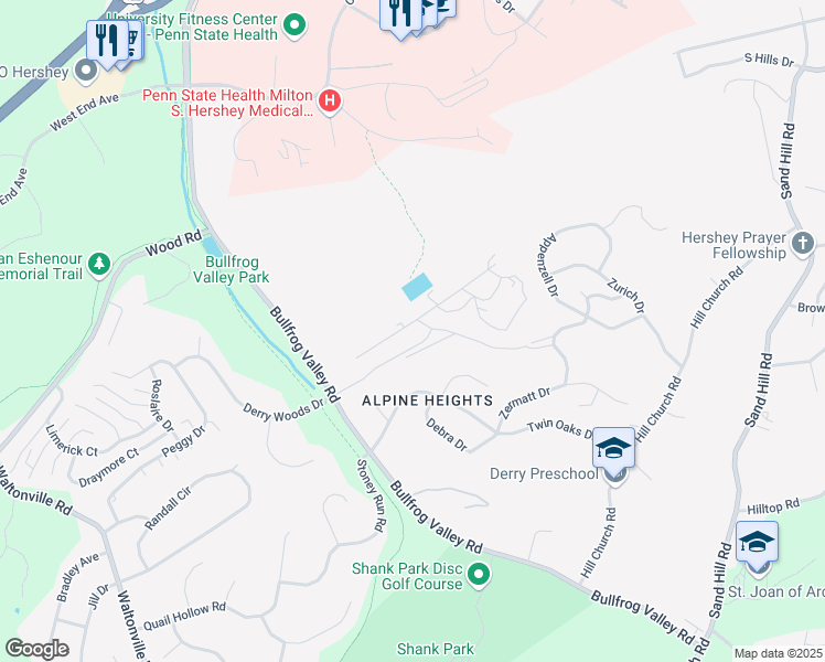map of restaurants, bars, coffee shops, grocery stores, and more near 889 Alpine Drive in Hummelstown