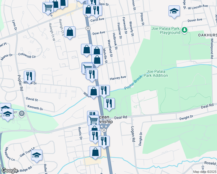 map of restaurants, bars, coffee shops, grocery stores, and more near 1622 Melville Street in Monmouth County