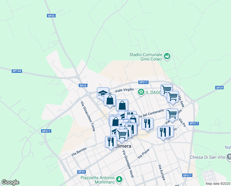 map of restaurants, bars, coffee shops, grocery stores, and more near 11 Viale Virgilio in Calimera