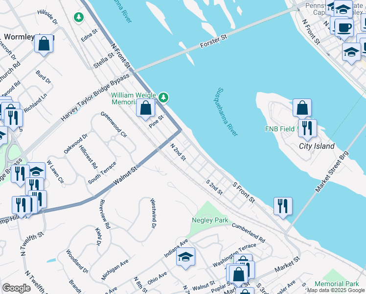 map of restaurants, bars, coffee shops, grocery stores, and more near 107 North River Street in Wormleysburg