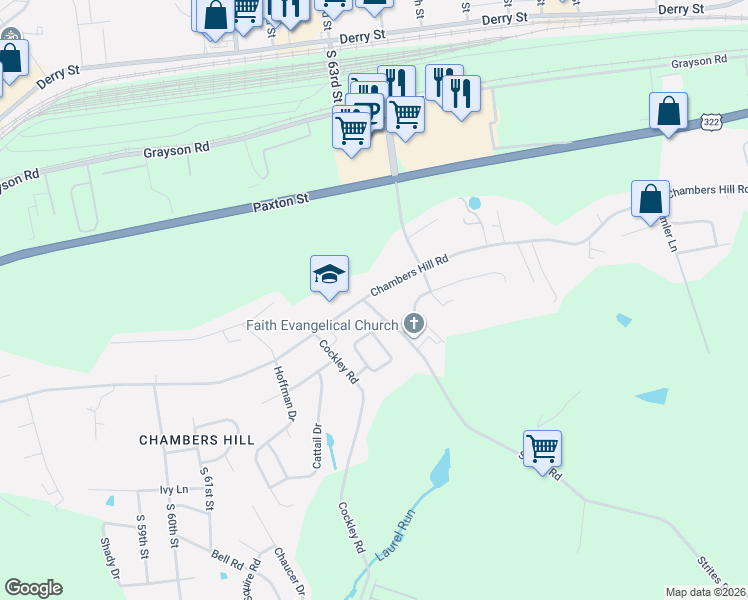 map of restaurants, bars, coffee shops, grocery stores, and more near 6511 Chambers Hill Rd in Harrisburg