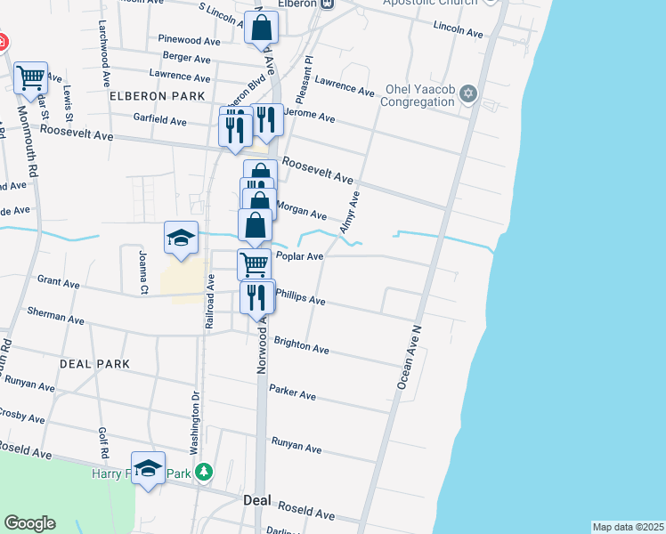 map of restaurants, bars, coffee shops, grocery stores, and more near 50 Poplar Avenue in Deal