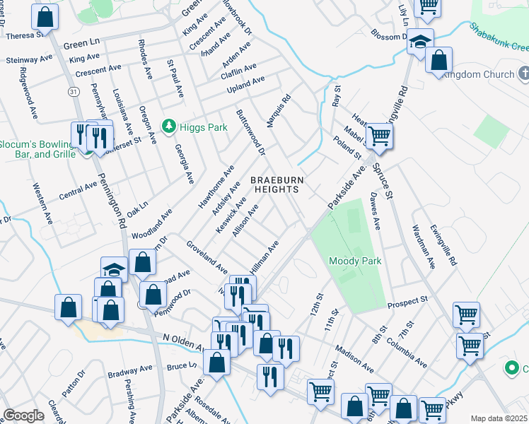map of restaurants, bars, coffee shops, grocery stores, and more near 12 Auburn Avenue in Trenton