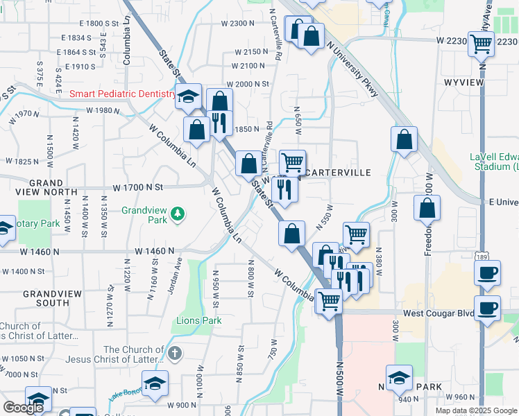 map of restaurants, bars, coffee shops, grocery stores, and more near 1641 North State Street in Provo