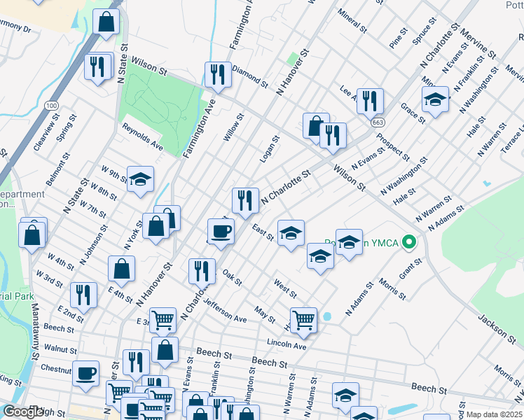 map of restaurants, bars, coffee shops, grocery stores, and more near 660 N Charlotte St in Pottstown