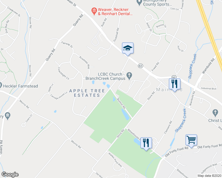 map of restaurants, bars, coffee shops, grocery stores, and more near 76 Bunton Road in Harleysville