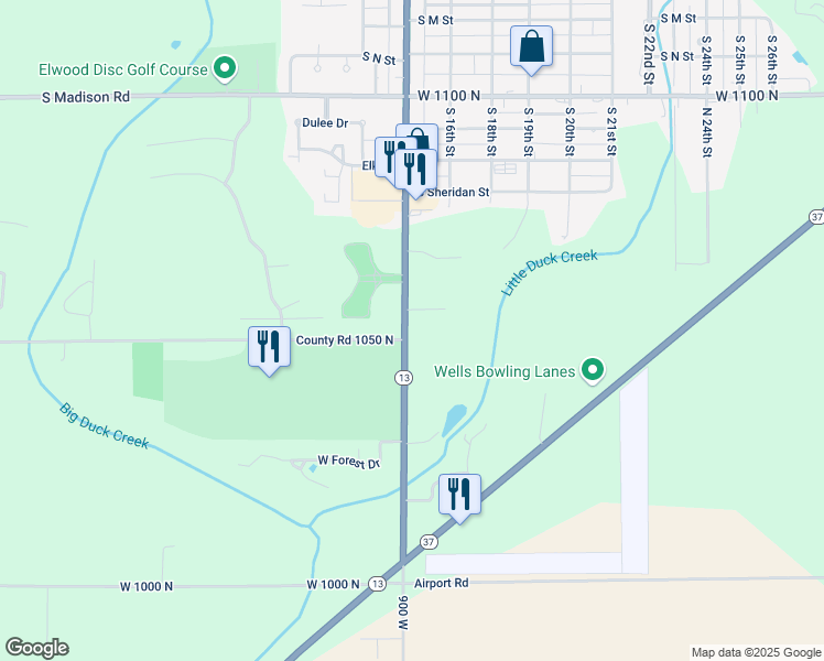 map of restaurants, bars, coffee shops, grocery stores, and more near 10512 Indiana 13 in Elwood