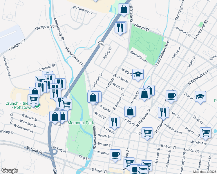 map of restaurants, bars, coffee shops, grocery stores, and more near 396 North State Street in Pottstown