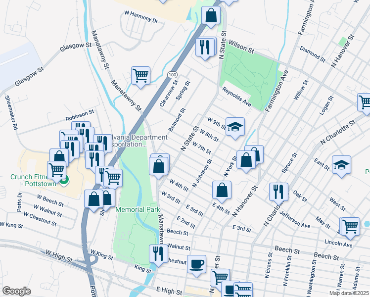 map of restaurants, bars, coffee shops, grocery stores, and more near 396 State Street in Pottstown