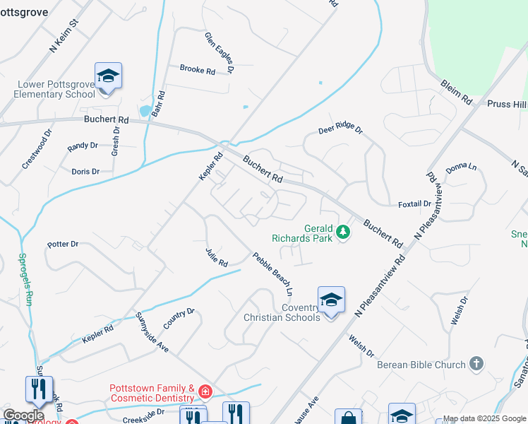 map of restaurants, bars, coffee shops, grocery stores, and more near 2406 Walnut Ridge Drive in Pottstown