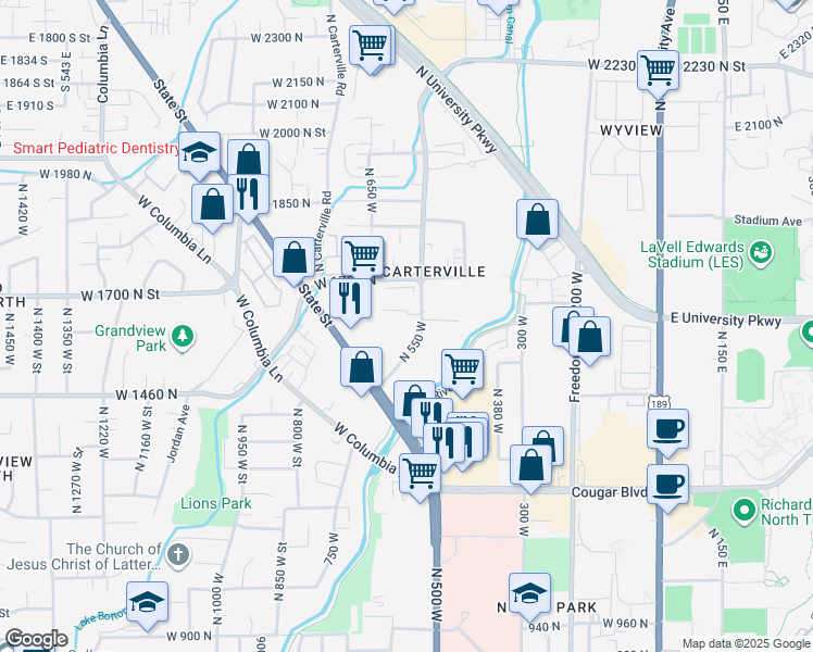 map of restaurants, bars, coffee shops, grocery stores, and more near 1541 North 550 West in Provo