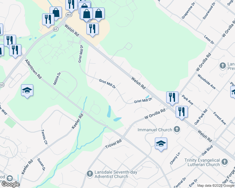 map of restaurants, bars, coffee shops, grocery stores, and more near 441 Stonemason Way in Lansdale