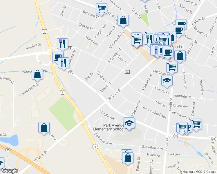 map of restaurants, bars, coffee shops, grocery stores, and more near 14 Yard Avenue in Freehold