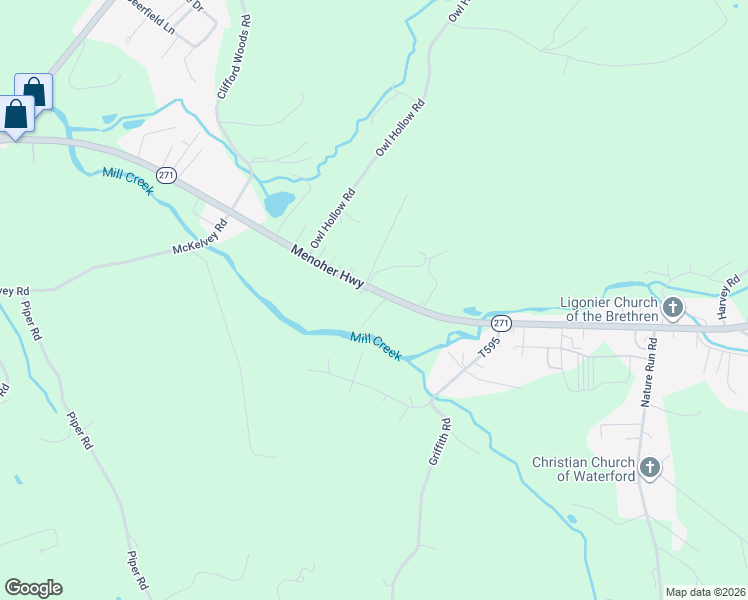 map of restaurants, bars, coffee shops, grocery stores, and more near 502 Springfield Lane in Ligonier