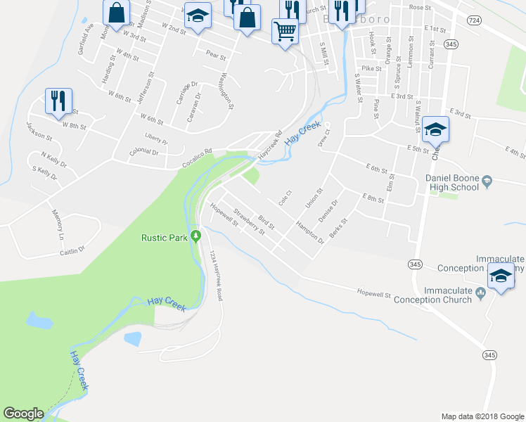map of restaurants, bars, coffee shops, grocery stores, and more near 203 Bird Street in Birdsboro