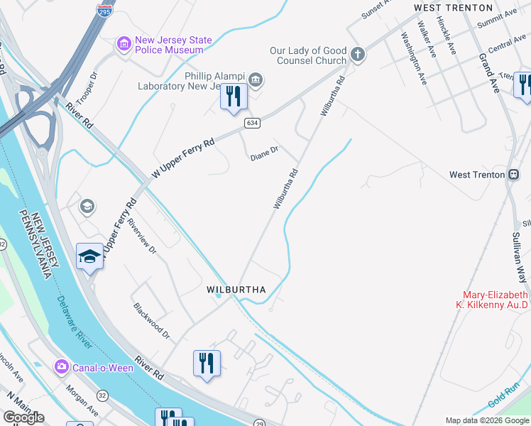 map of restaurants, bars, coffee shops, grocery stores, and more near 64 Wilburtha Road in Ewing Township