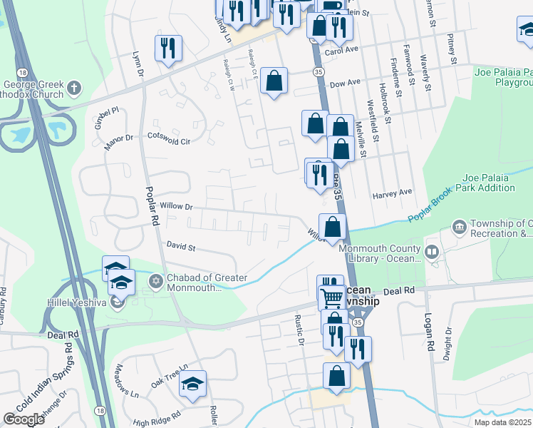map of restaurants, bars, coffee shops, grocery stores, and more near 30 Willow Drive in Monmouth County