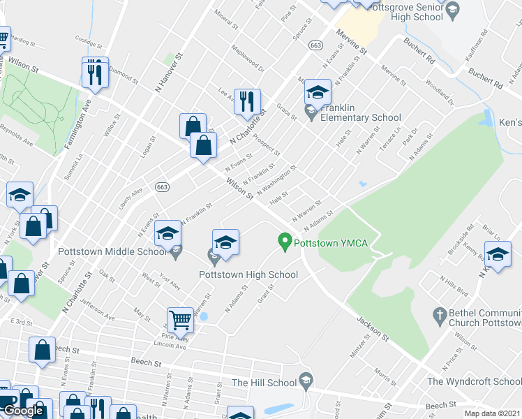 map of restaurants, bars, coffee shops, grocery stores, and more near 544 Wilson Street in Pottstown
