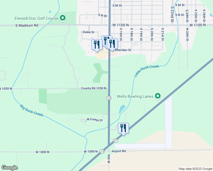 map of restaurants, bars, coffee shops, grocery stores, and more near 10512 Indiana 13 in Elwood